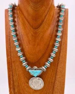 1886 COIN, TURQUOISE AND NAVAJO SAUCERS NECKLACE