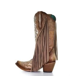 Corral Boots CORRAL WOMEN'S EMBROIDERY & FRINGE BROWN SNIP TOE WESTERN BOOTS -Western Fashion Saddle Lamb Inlay Fringe Embr C3766 S 3 90536