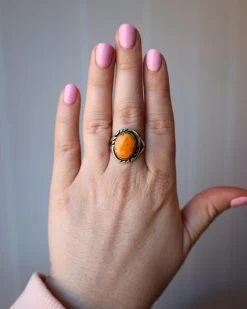 ORANGE BUMBLEBEE JASPER OVAL RING- SIZE 8