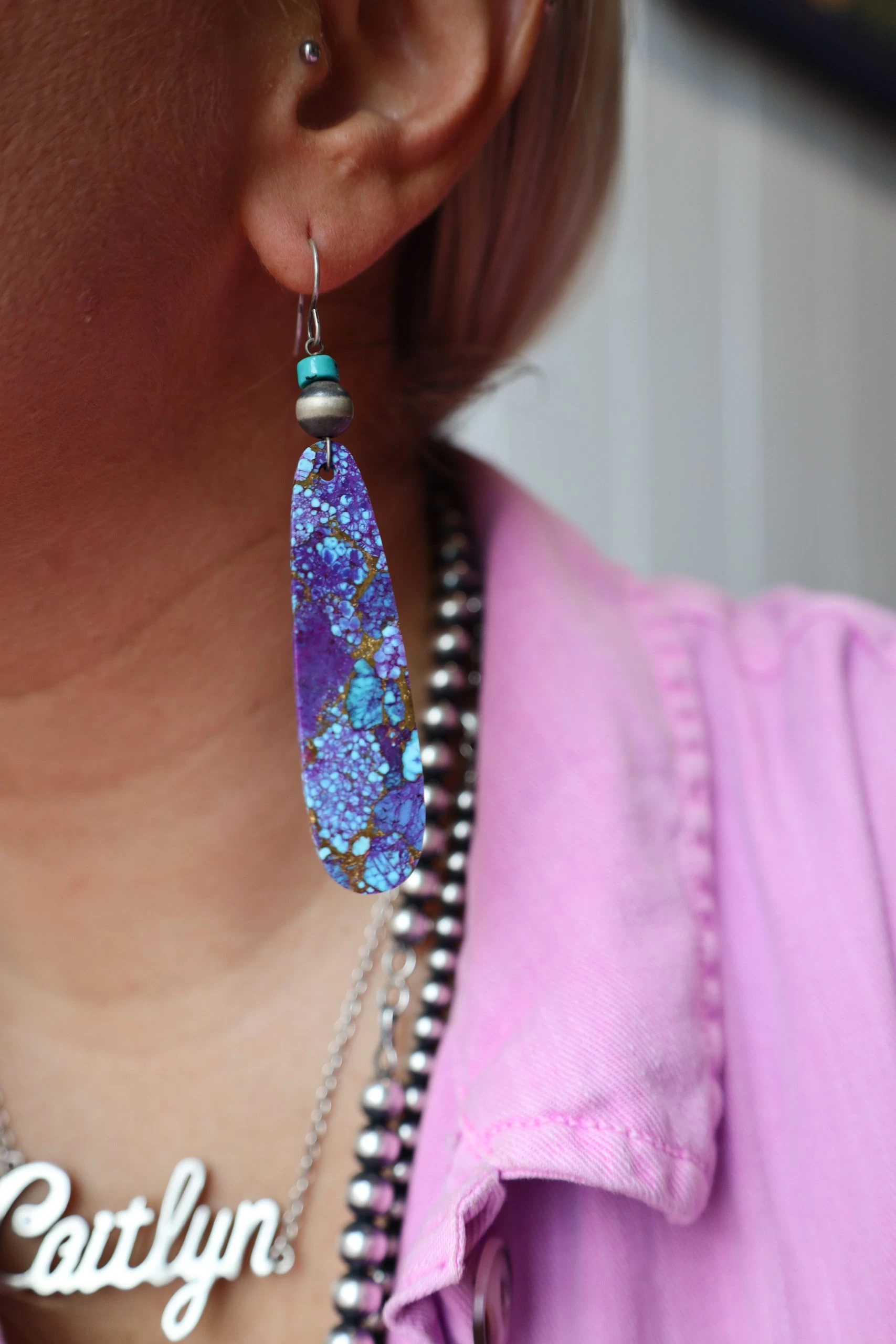 Peyote Bird Long Purple, Turquoise And Gold Slab Navajo Pearl Earring 4 Peyote Bird Long Purple, Turquoise And Gold Slab Navajo Pearl Earring - Image 2