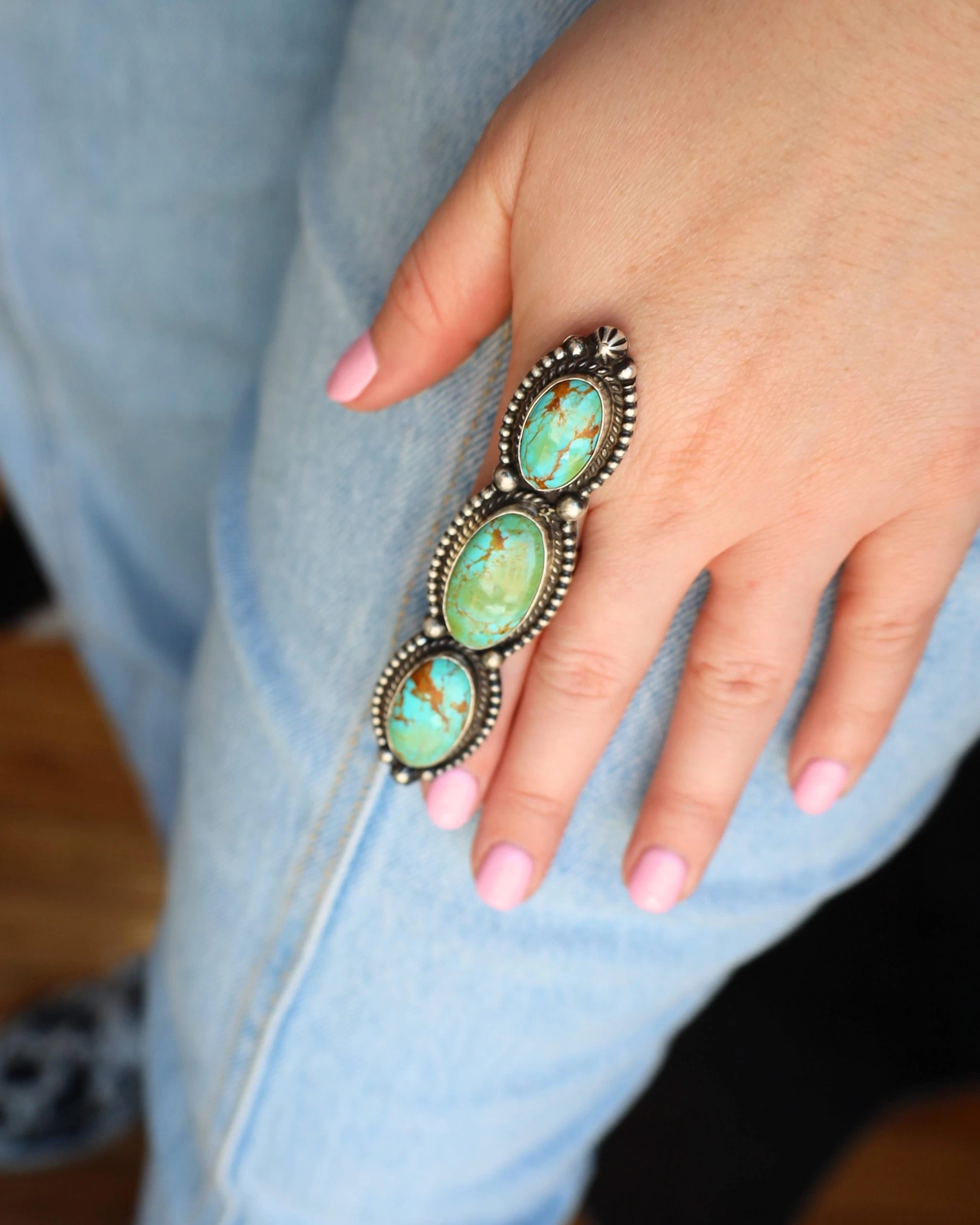 ADJUSTABLE 3 OVAL TURQUOISE LONG SET RING- ADJUSTABLE 6 ADJUSTABLE 3 OVAL TURQUOISE LONG SET RING- ADJUSTABLE - Image 4