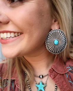 EXTRA LARGE CONCHO WITH TURQUOISE OVAL POST EARRINGS -Western Fashion image de75660e b921 439d 95ab 3431c8d69647