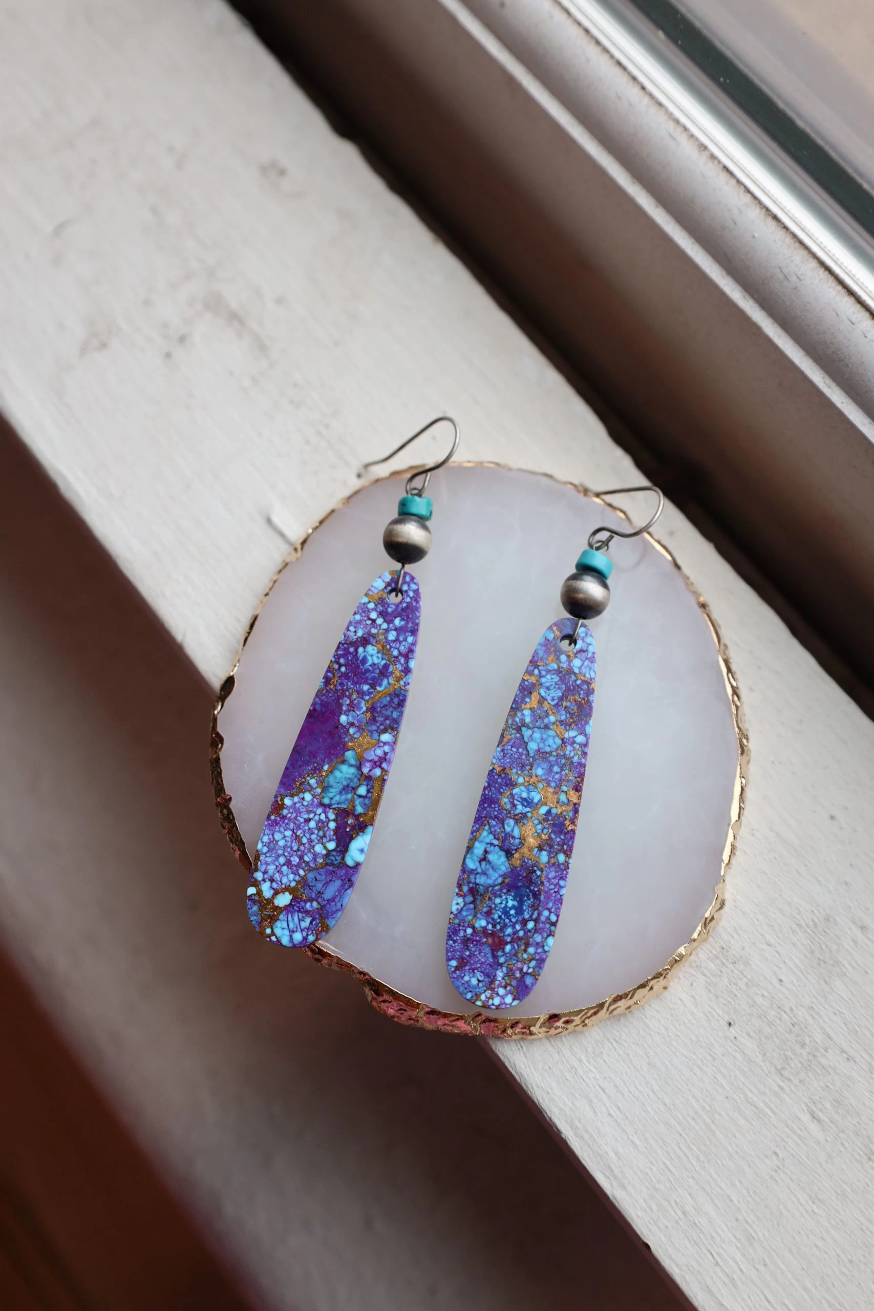 Peyote Bird Long Purple, Turquoise And Gold Slab Navajo Pearl Earring 5 Peyote Bird Long Purple, Turquoise And Gold Slab Navajo Pearl Earring - Image 3