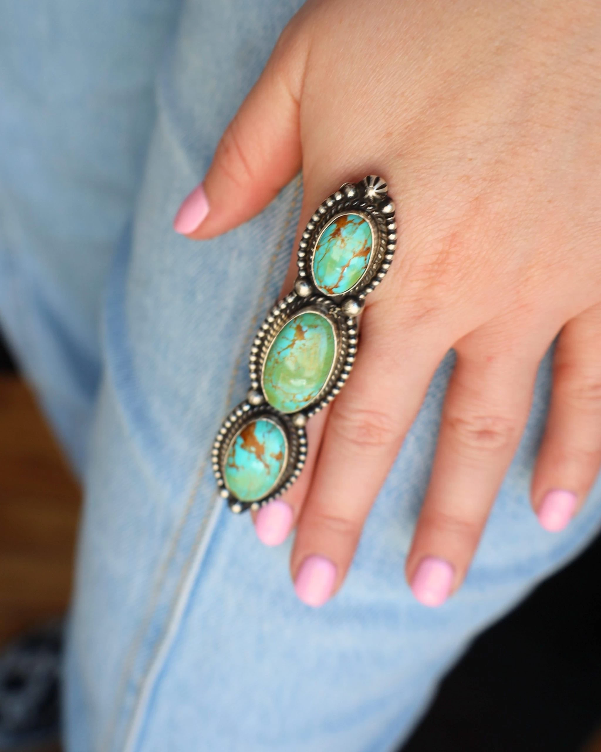 ADJUSTABLE 3 OVAL TURQUOISE LONG SET RING- ADJUSTABLE 7 ADJUSTABLE 3 OVAL TURQUOISE LONG SET RING- ADJUSTABLE - Image 5