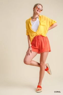 UMGEE LINEN BLEND FRAYED HEM SHORT -Western Fashion k6472 coral 2