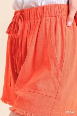 UMGEE LINEN BLEND FRAYED HEM SHORT -Western Fashion k6472 coral 4