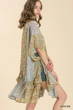 UMGEE RUFFLE SLEEVE KIMONO -Western Fashion k6486 sage mix 3